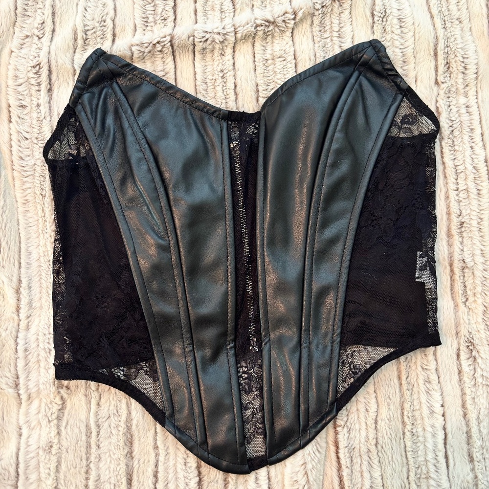 Faux Leather and Lace Corset Two Piece Set